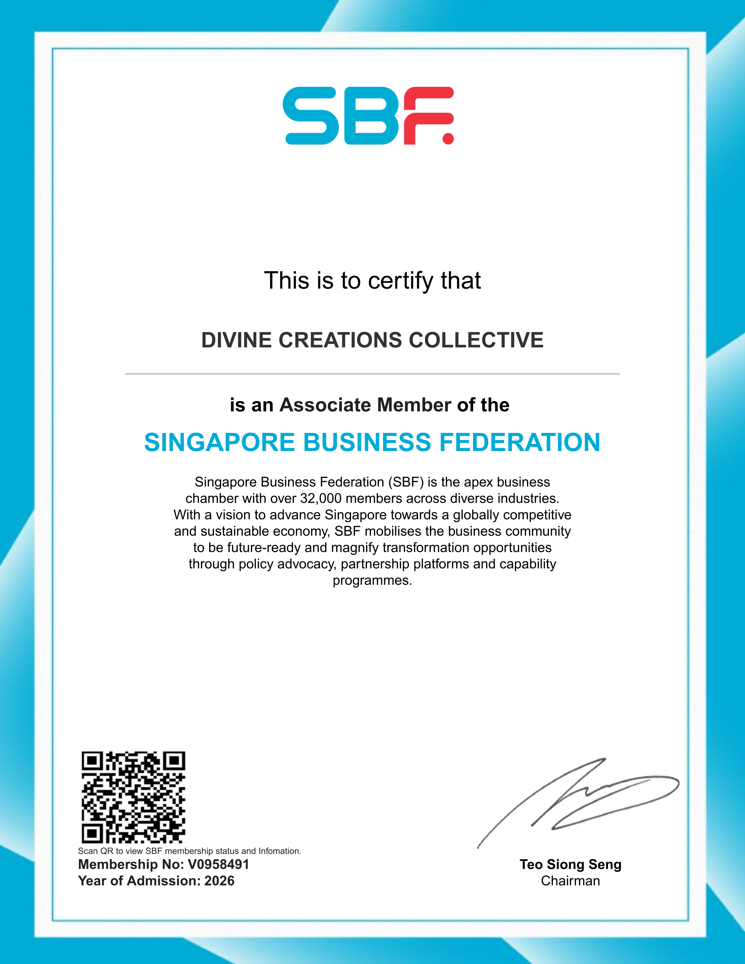 Singapore Business Federation Membership Certificate